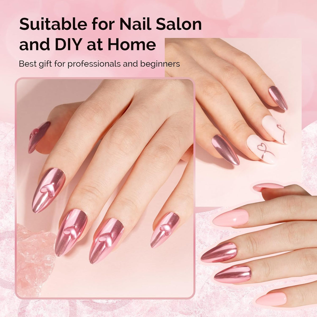 MelodySusie Pink Chrome Nail Powder for Gel Nails,Metallic Mirror Effect Pigment Stylish Fine