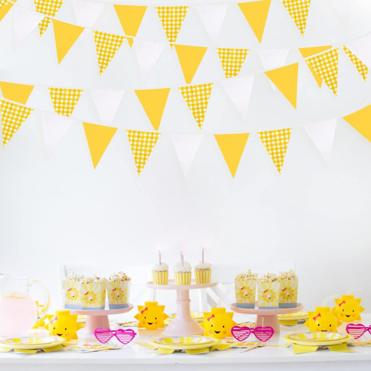 32Ft Yellow Plaid Checkered White Pennant Banner Fabric Gingham Triangle Flag Bunting Garland for