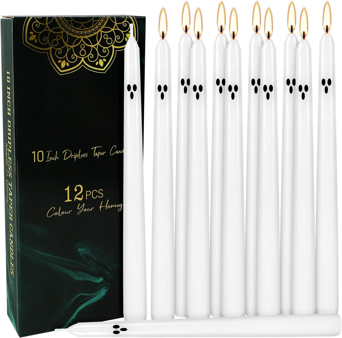 12 Pack Halloween Taper Candles - 10 Inch White Ghost Face Smokeless Candles, Long-Lasting 7+ Hour