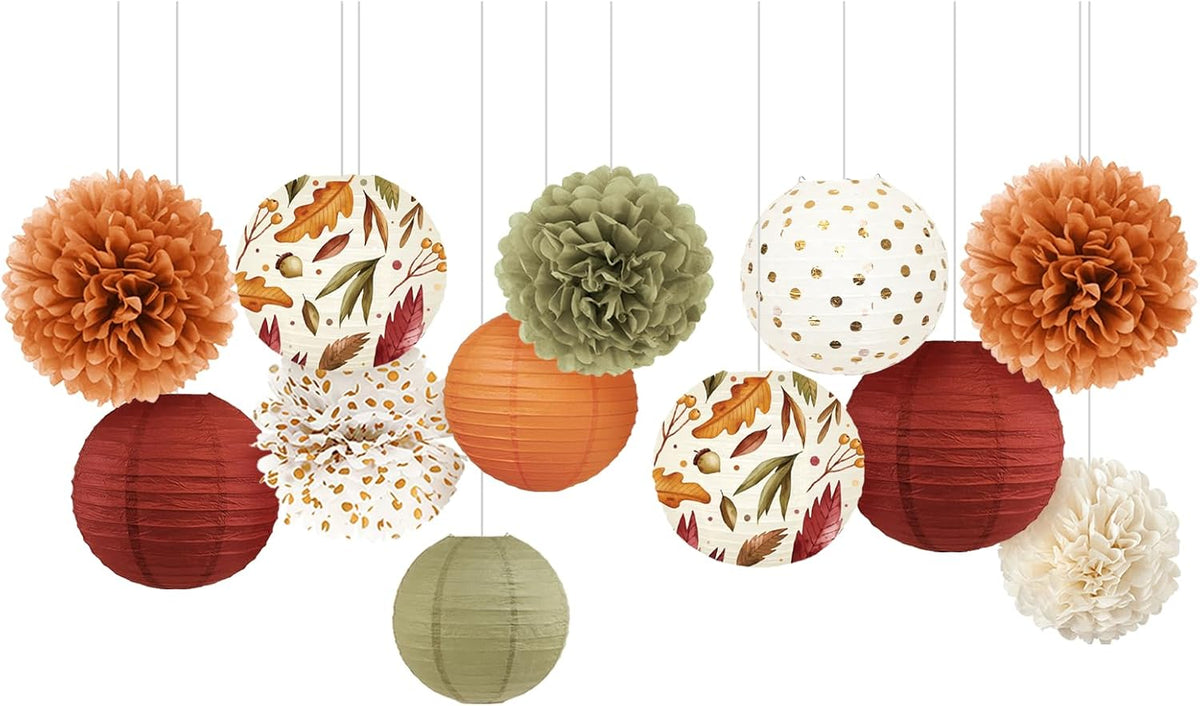 NICROLANDEE Fall Wedding Decorations, 12 PCS Orange Maple Leaf Paper Lanterns Tissue Pom Poms for