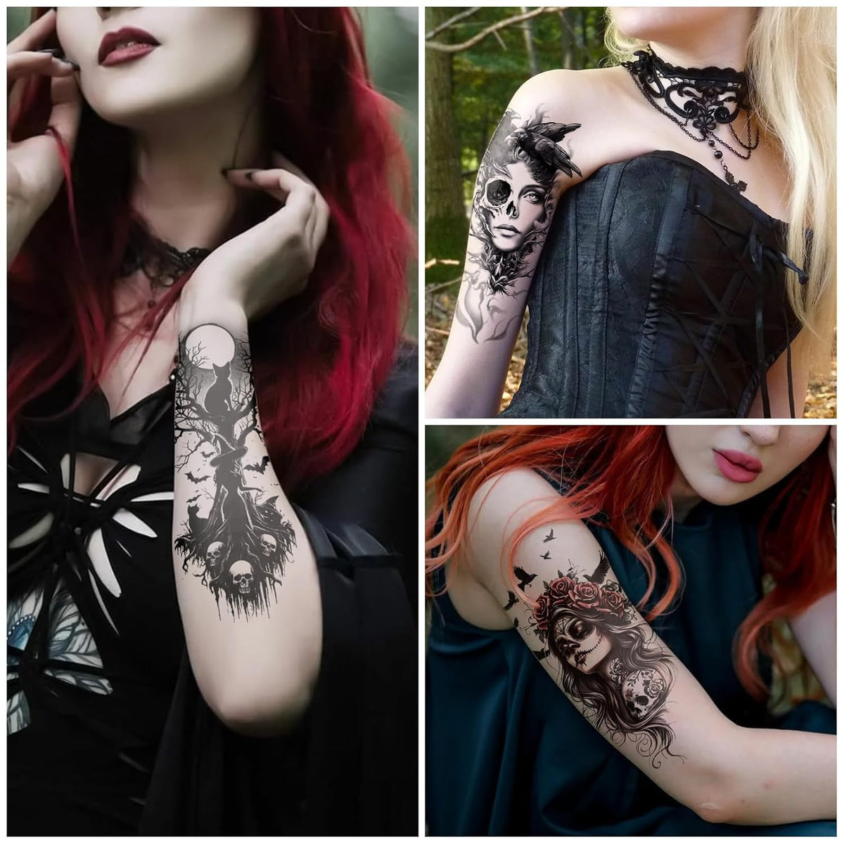 77 Sheets Witch Temporary Tattoos Women Men Adults, Skeleton Death Skull Pointed Black Hats Brooms
