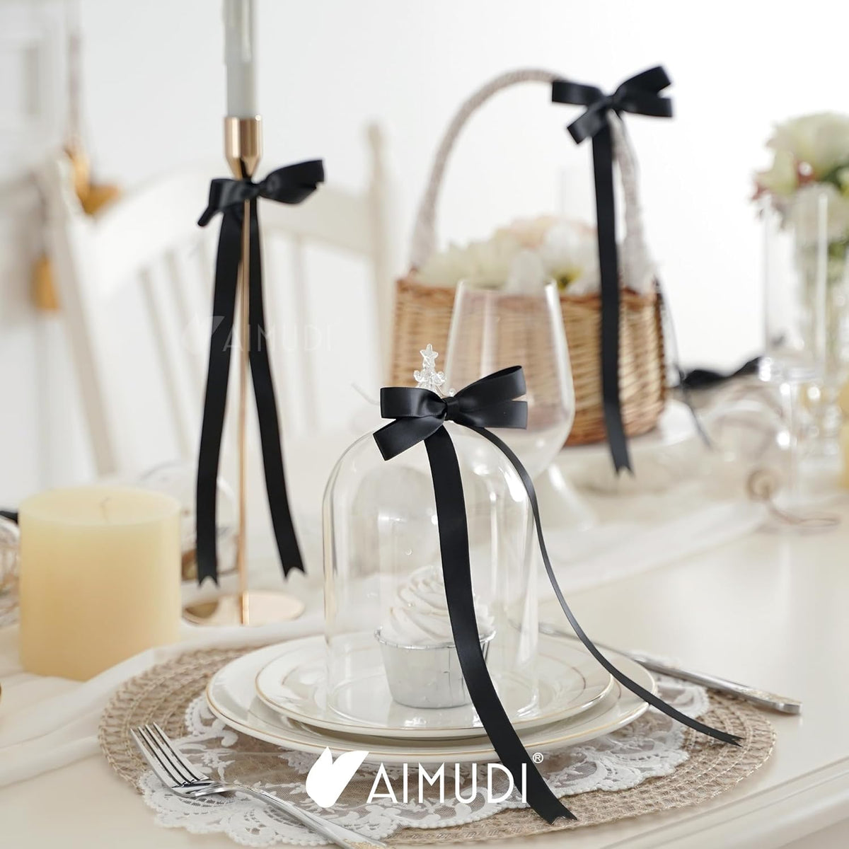 AIMUDI Black Bow 5 × 10" Satin Bow for Gift Wrapping Twist Tie Bows Premade Ribbon Bows for