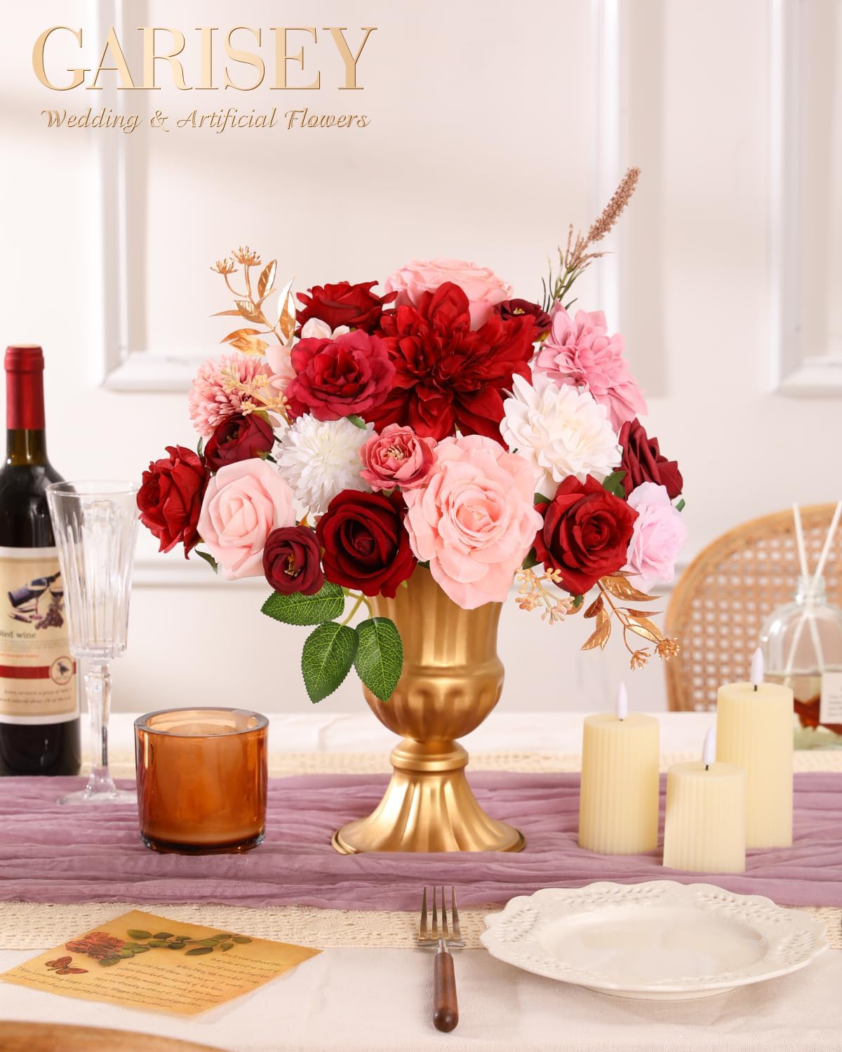 Artificial Flowers Combo, Mix Silk Flowers Roses, Peonies, Dahlias with Stems for DIY Wedding