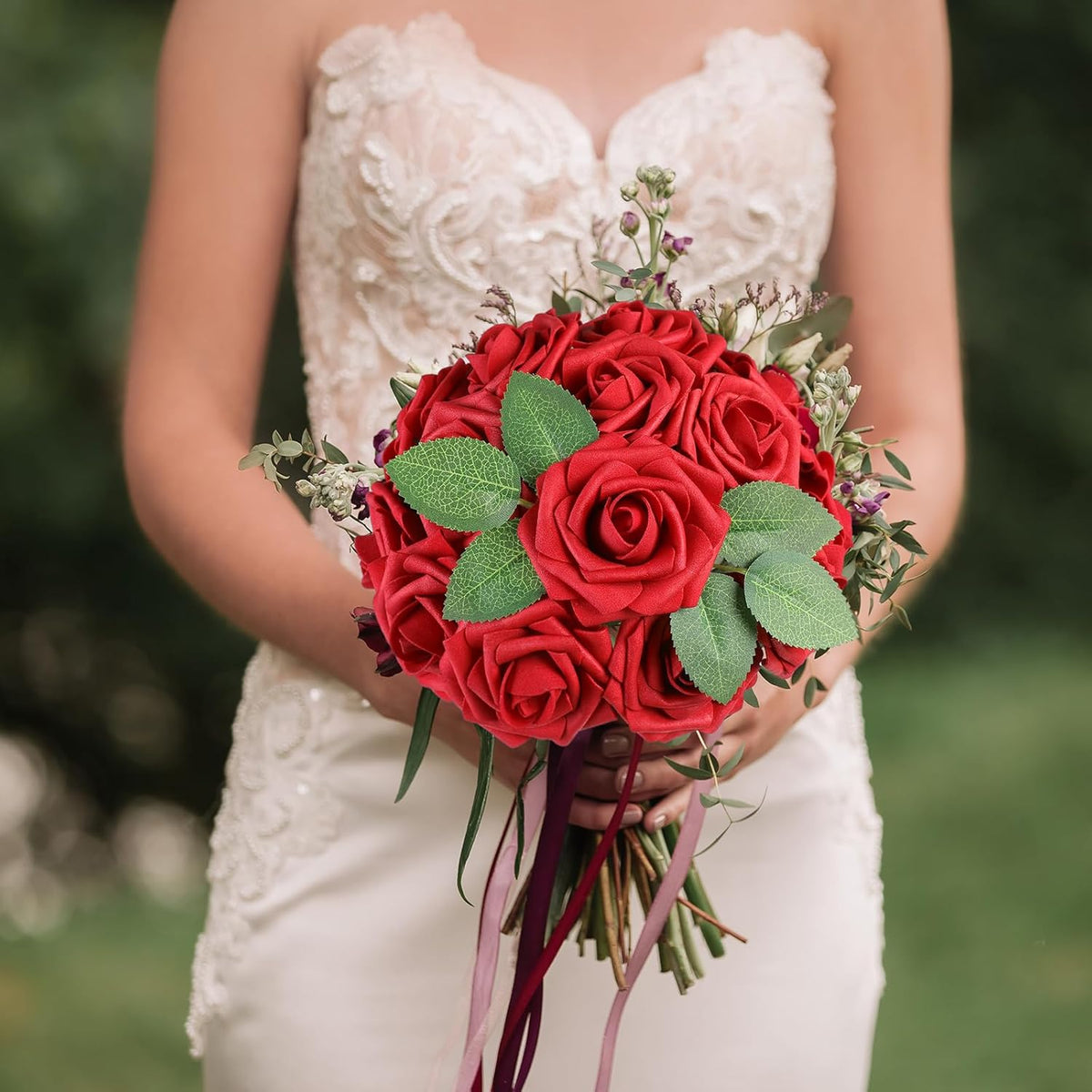 AmyHomie 25pcs Real Looking Artificial Red Roses w/Stem for DIY Wedding Bouquets Centerpieces