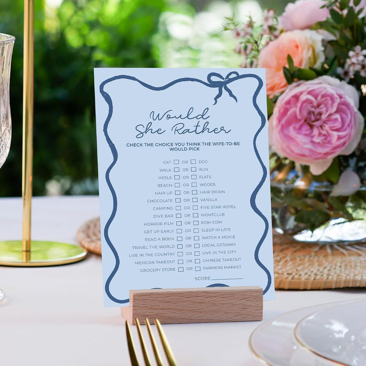 DEEKA 30 PCS Bridal Shower Games Card for 30 Guests Blue Wavy Border Ribbon Bow Funny Wedding