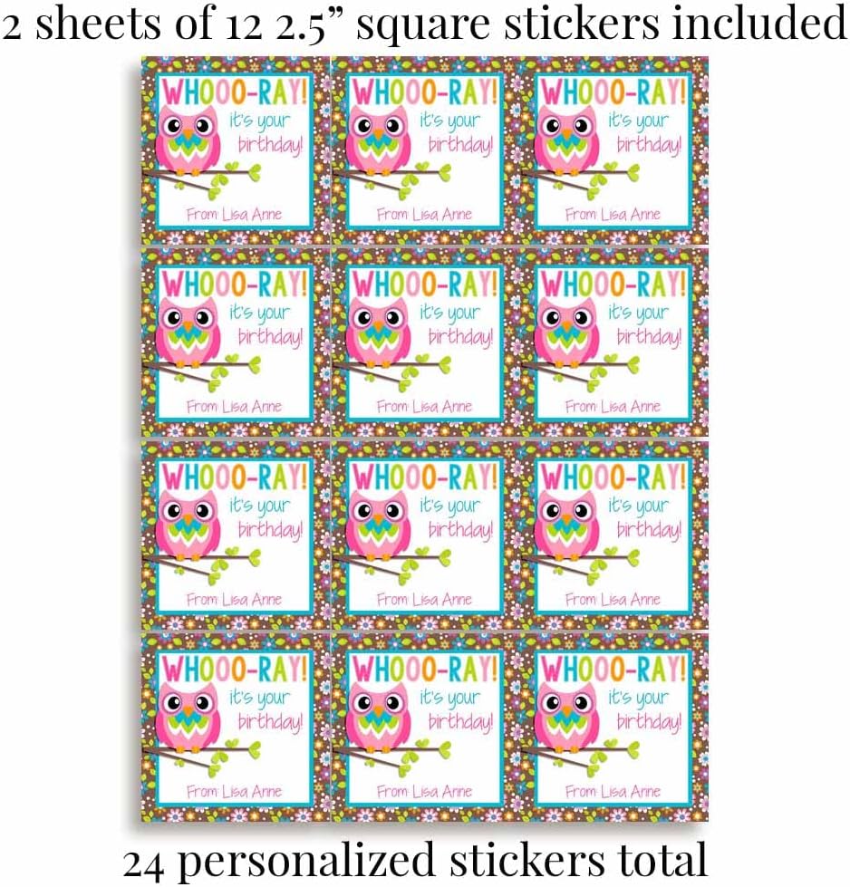 Custom & Personalized Colorful Floral Owl Happy Birthday Gift Tag Sticker Labels, 24 2.5" Square
