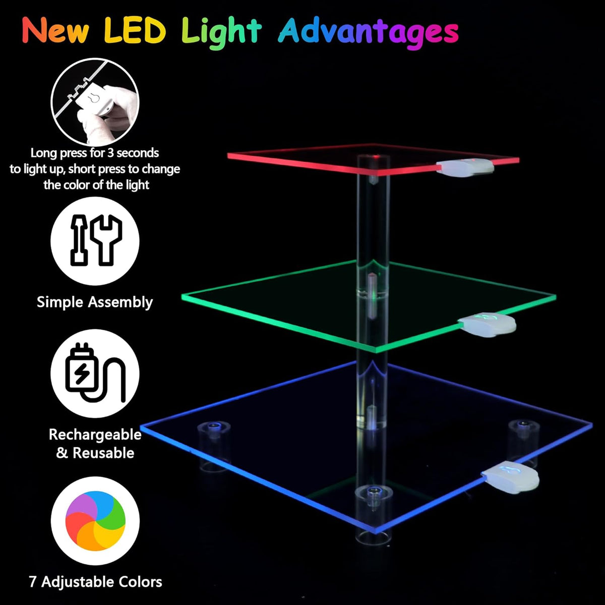 Cupcake Stand for 24 Cupcakes, 3 Tier Cupcake Holder with Rechargeable LED, 7 Colors Light Cupcake