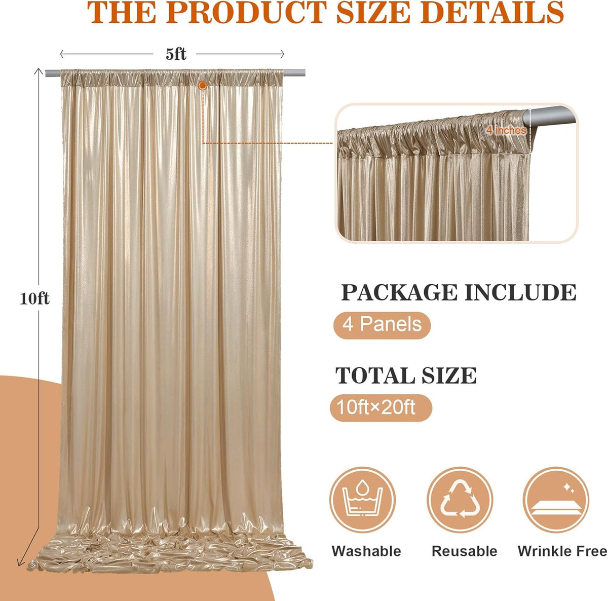 20x10ft Thick Champagne Glitter Backdrop Curtain Panels for Parties, Wrinkle Free Sequin Sparking