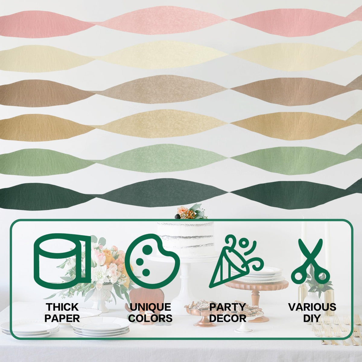 Crepe Paper Streamers Party Decorations - 6 Rolls Grass Green Gold Pink Olive Green Beige Khaki