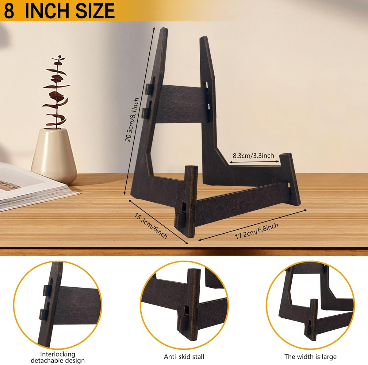 2 Pack 8 Inch Wooden Plate Stands for Display - Plate & Picture Frame Holder for Books, Photos