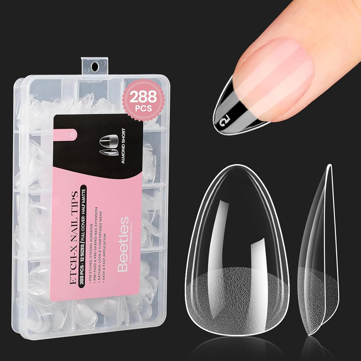 Beetles Short Almond Nail Tips: 12 Sizes 288 PCS Half Matte Full Cover Gel Tips Clear Acrylic Gel