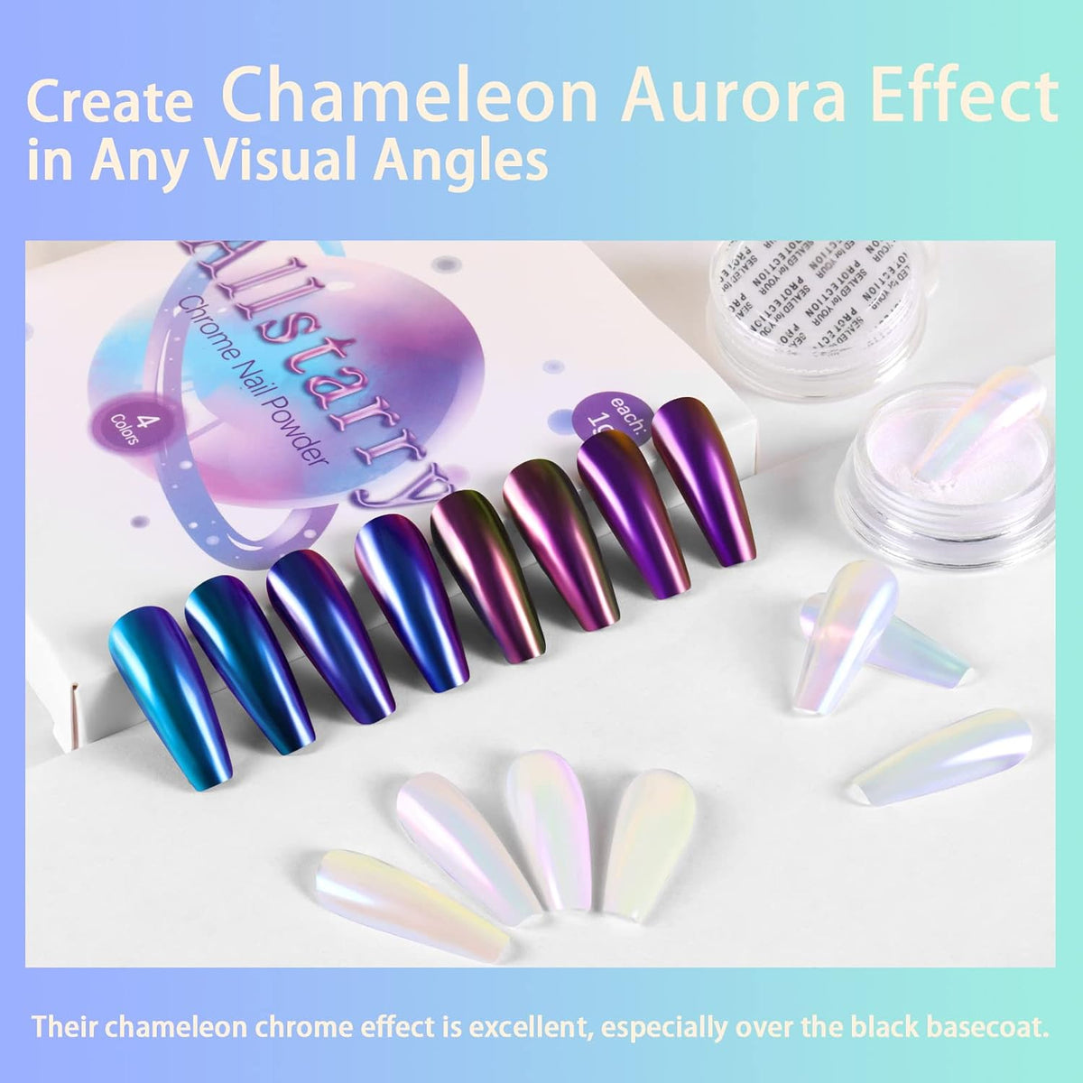 Allstarry White Chrome Nail Powder, 4 PCS Color-Shift Chameleon Mica Powder Pearlescent Pearl