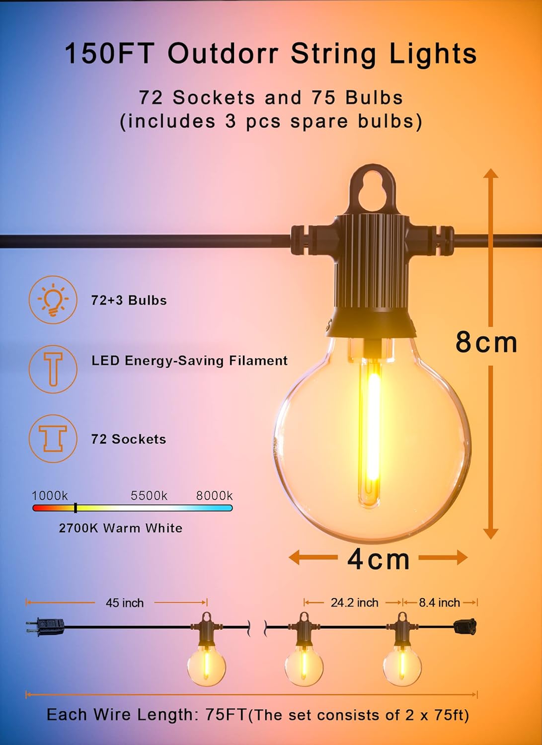 Outdoor String Lights, 150FT Patio Lights with 75 Shatterproof G40 Globe Bulb(3 Spare), Waterproof