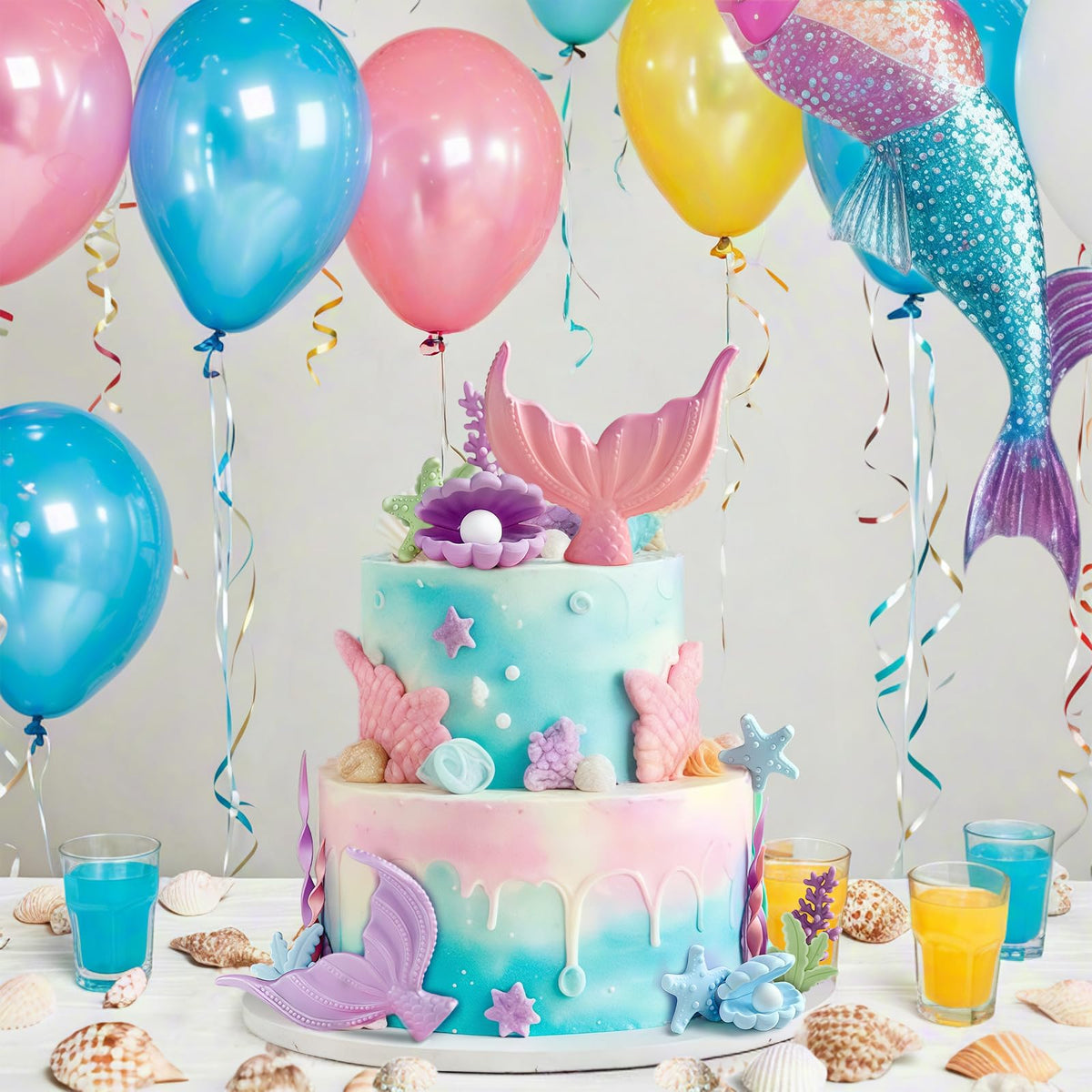21pcs Mermaid Cake Topper - Mermaid Tail Cake Decorations with Seaweed Shells Starfish Coralal