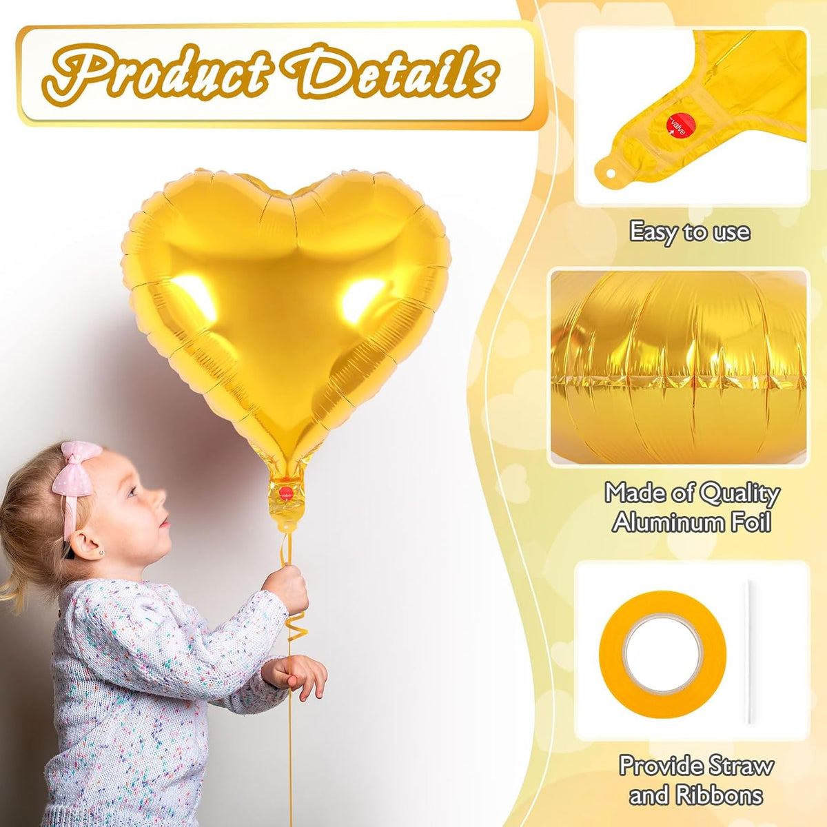 24 Pcs Gold Heart Foil Balloons, 18 Inch Love Hearts for Birthday, Wedding, Engagement, Baby