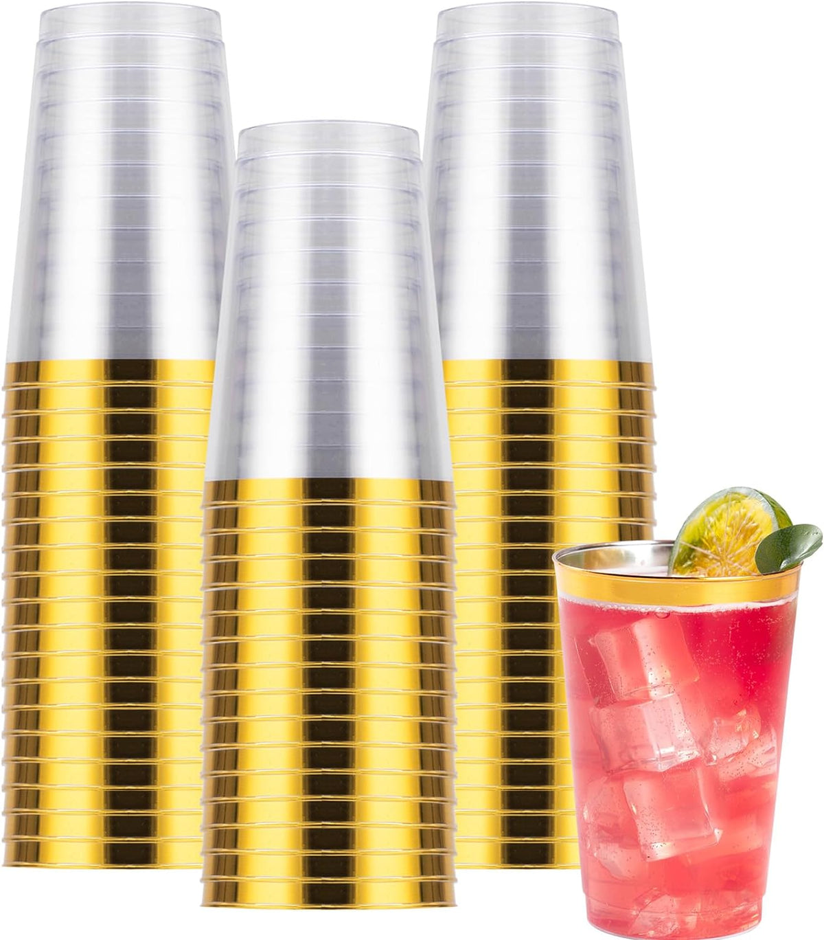 Goodluck 50PCS 14oz Gold Plastic Cups for Party, Disposable Gold Rim Cups, Plastic Cocktail Glasses