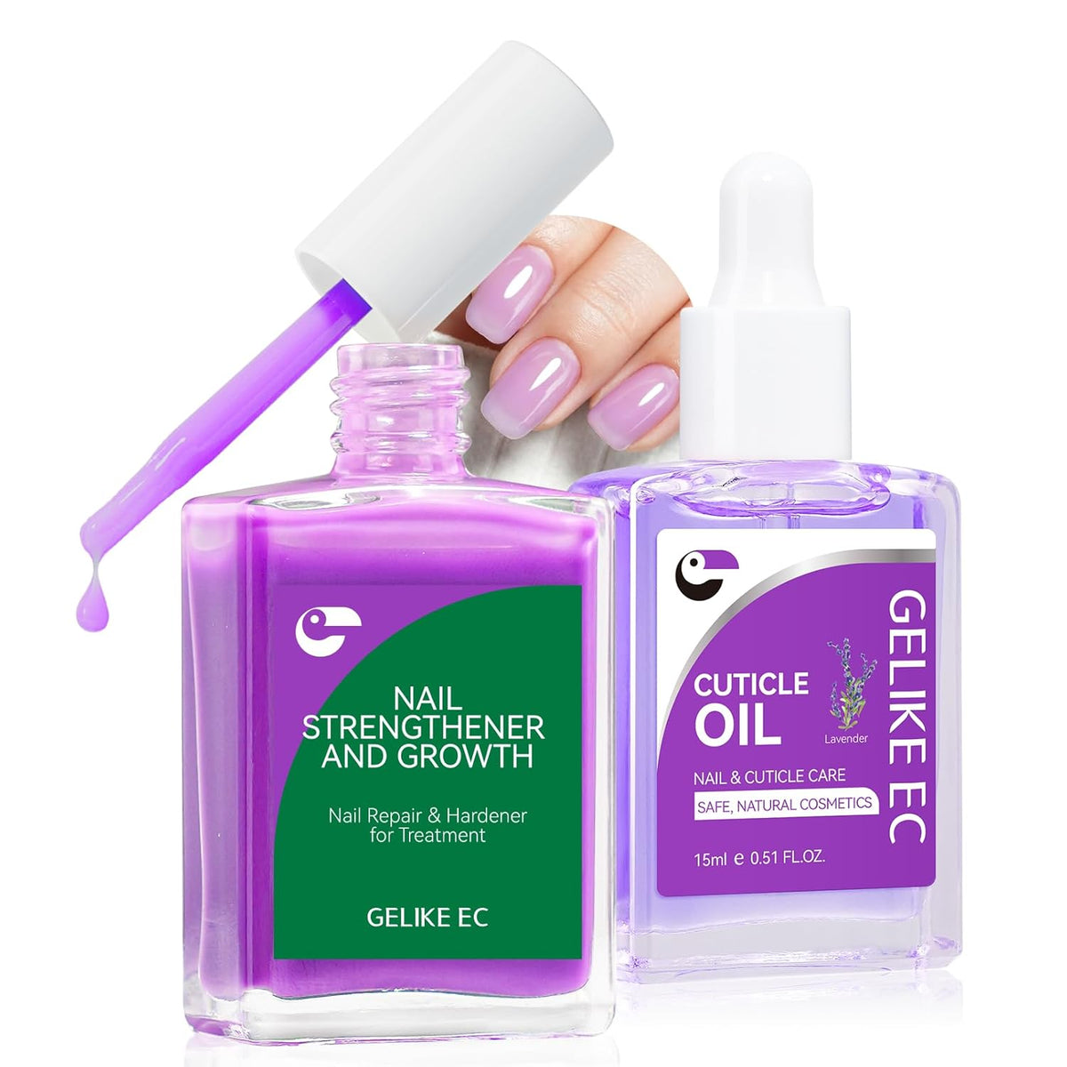 Gelike EC Nail Kit for Beginners: Purple Easy-Use nail polish strengthener & Lavender Oil for Thin
