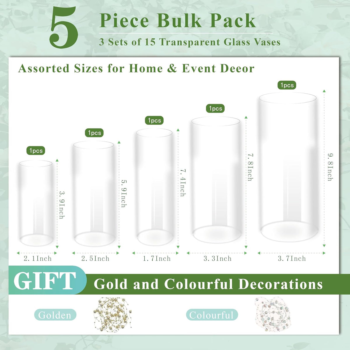 Clear Glass Vase for Centerpieces, 4,6,7.5,8,10 inch Tall Set of 5 Cylinder Flower Vase Bulk