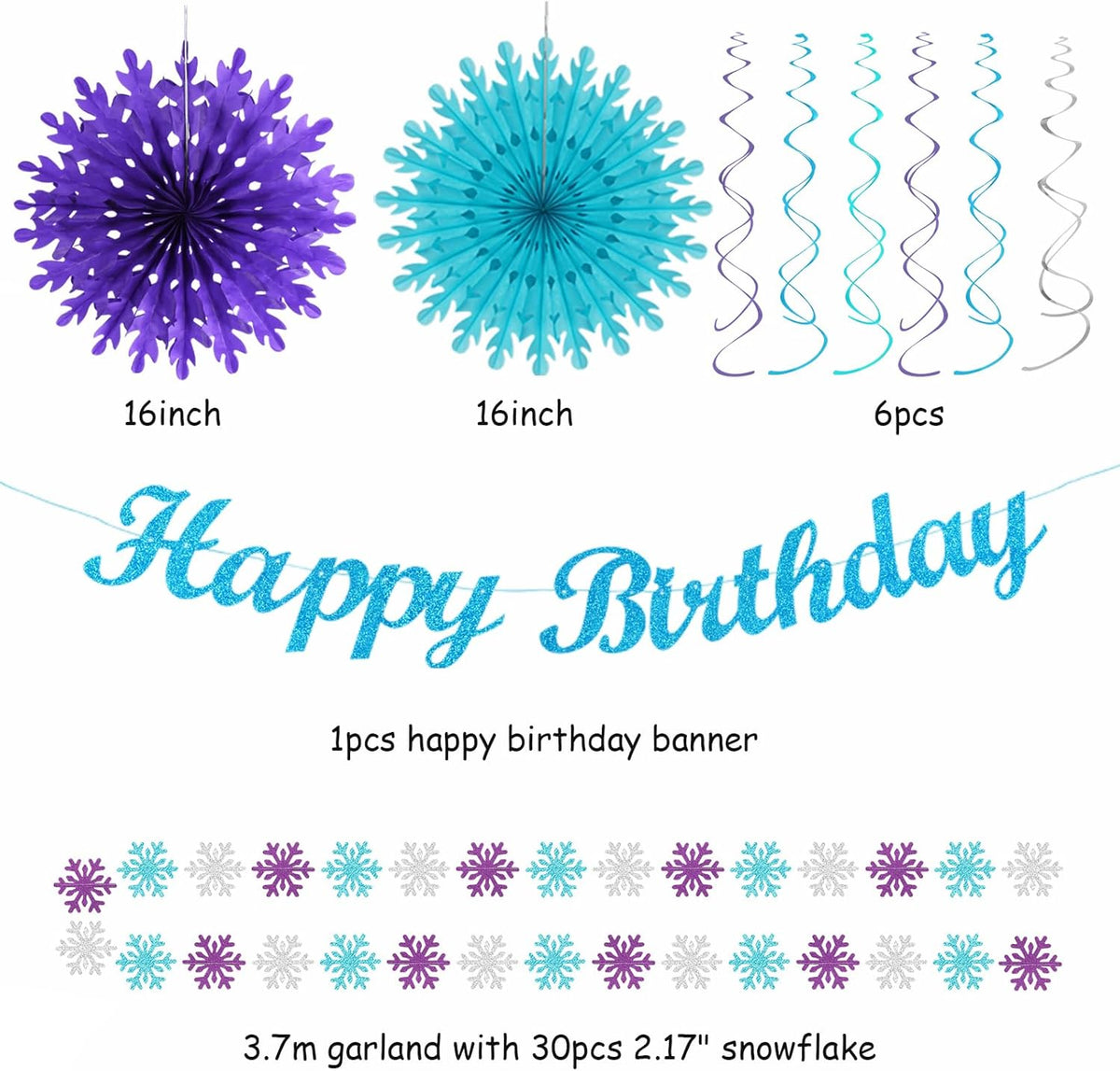 Winter-Wonderland Christmas-Snowflake Frozen Birthday Party-Decorations - 21pcs Happy Banner,Blue