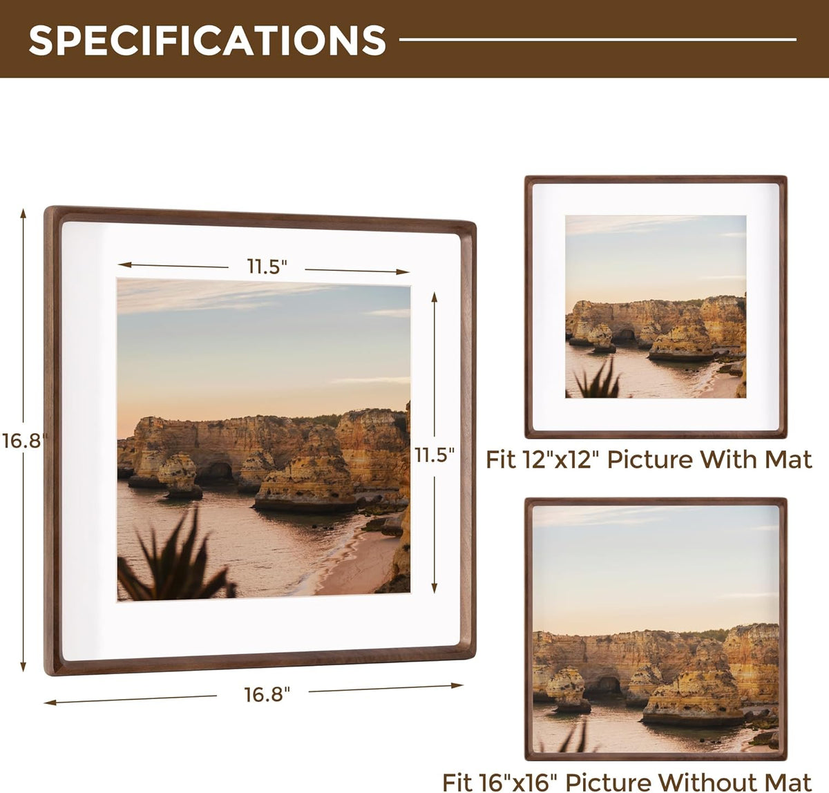 16x16 Picture Frame USA-Sourced Natural Walnut Wood Solid Original Wood Photo Frame Rounded Corner