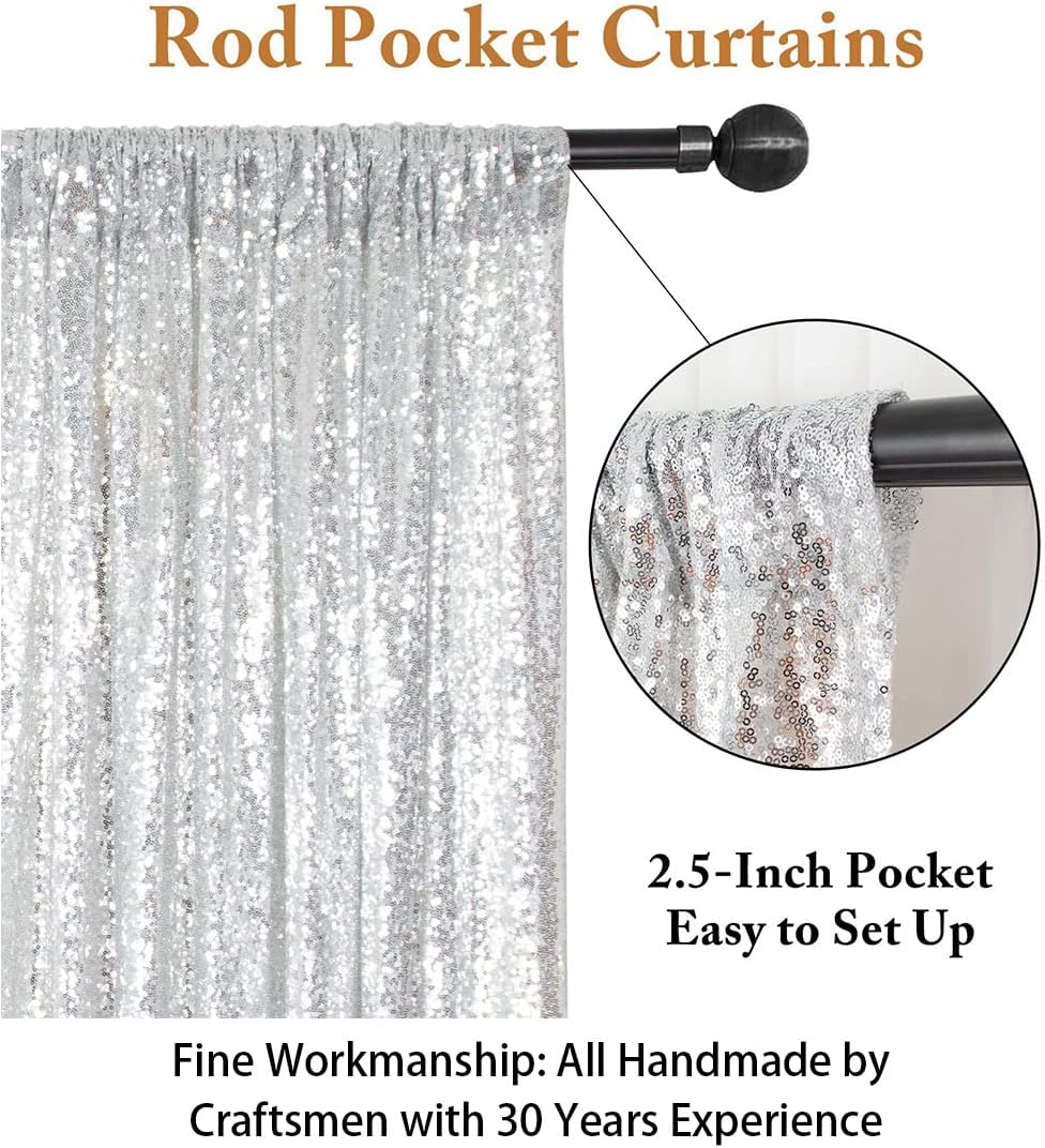 ShinyBeauty Silver Sequin Curtain 2Panels 5FTx10FT Glitter Wedding Backdrop for Photography