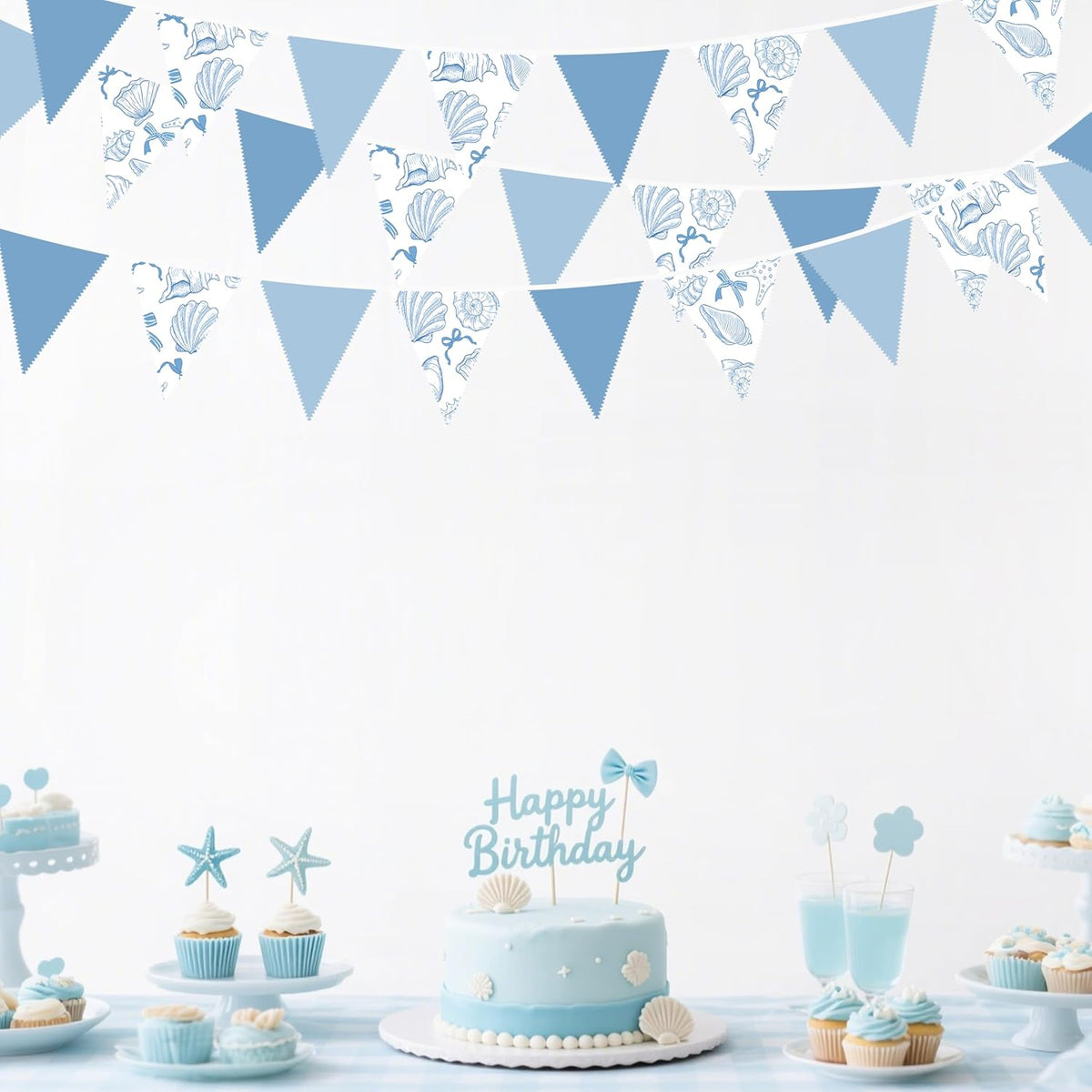 32Ft Ocean Coastal Nautical Beach Party Decorations Blue Bow Starfish Seashell Fabric Pennant