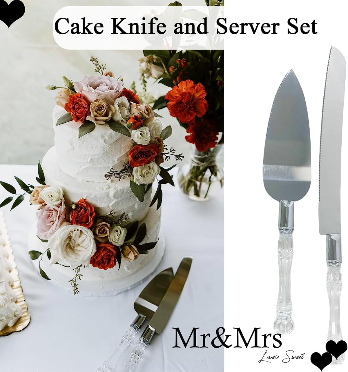Adorox Cake Knife and Server Set Acrylic Stainless Steel Faux Crystal Handle Holiday Thanksgiving