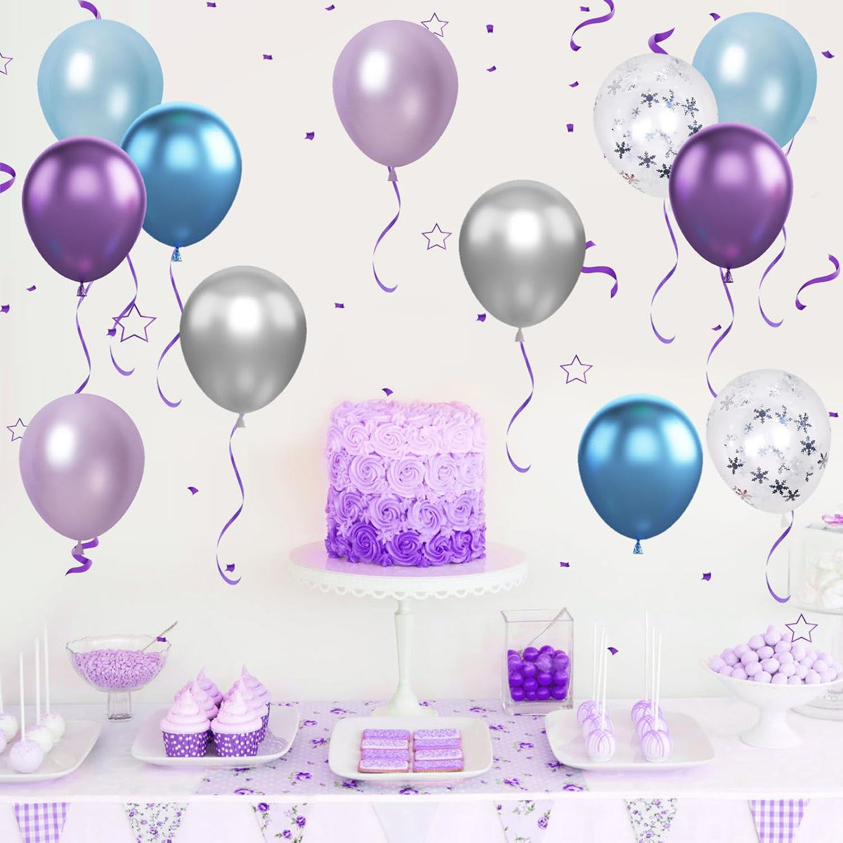 Frozen Balloons, 12 Inch Purple Blue White and Silver Balloons with Snowflake Balloons for Girls