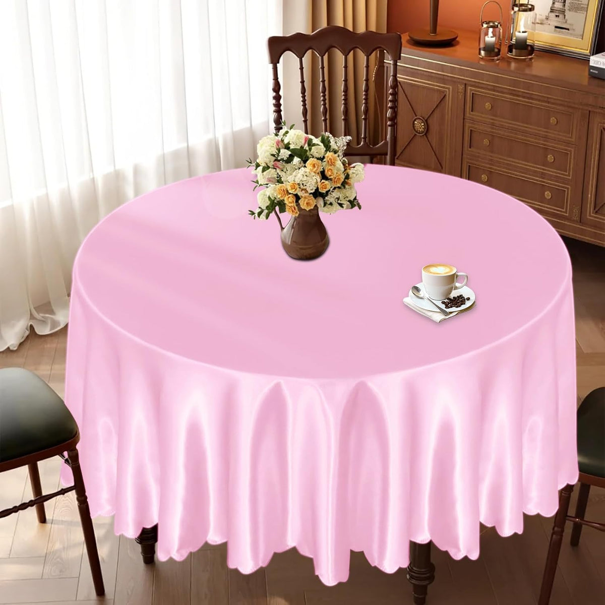 KKJIAF 1 Pack 108 Inch Round Table Cloth, Light Pink Overlay Round Satin Table Cover, Silky Satin