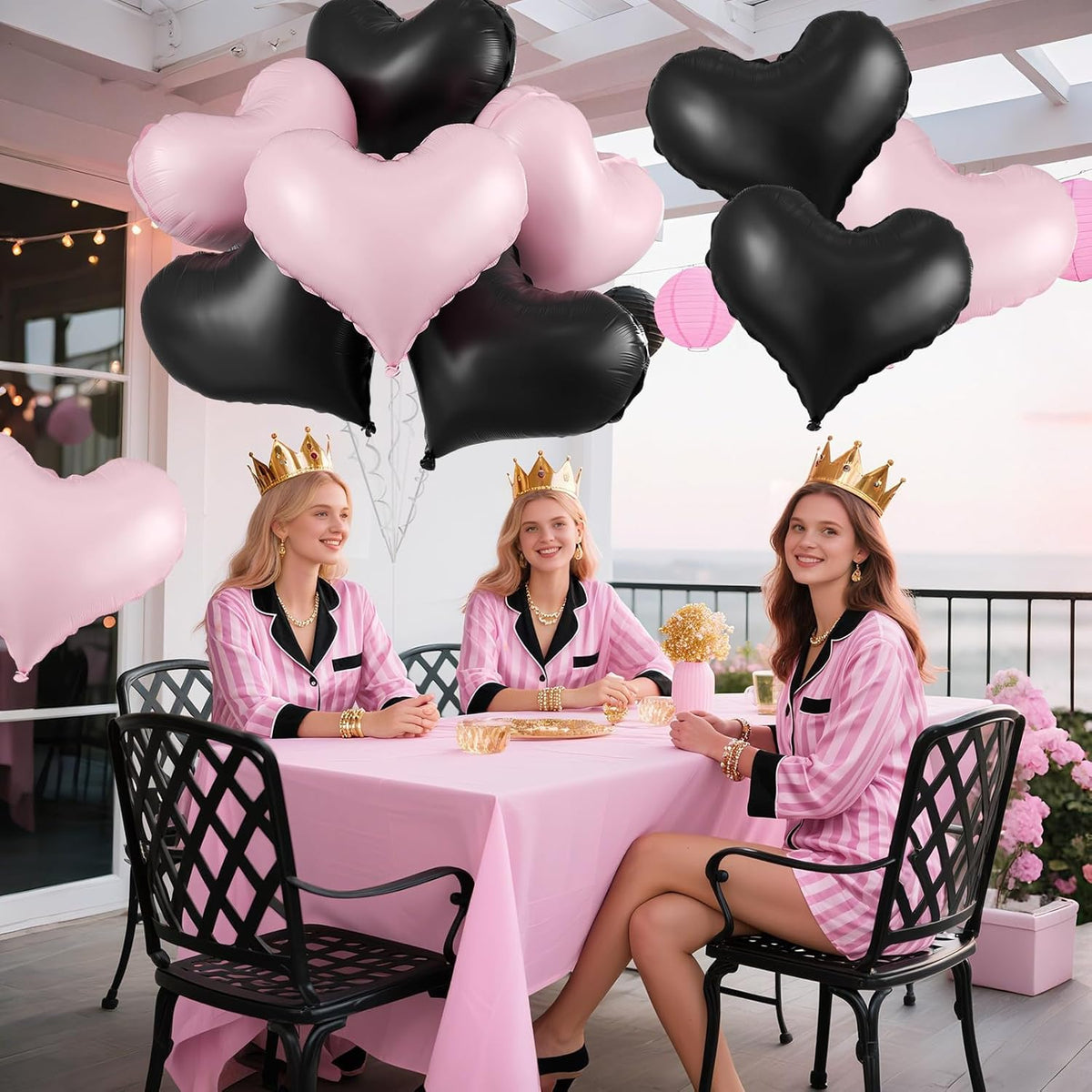 Pink Black Heart Balloons,24Inch Large Pink Black Heart Foil Balloons for Valentine's Day Birthday