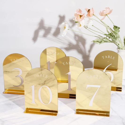 UNIQOOO Gold Mirror Arch Wedding Table Numbers with Stands 1-20, 5x7 Acrylic Display Signs and