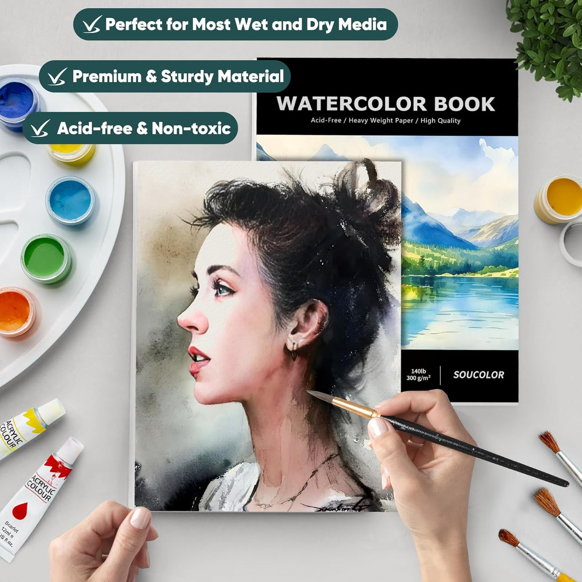 Soucolor Watercolor Paper Pad, 9"x12" Water Color Paper, 140lb/300gsm 40 Sheets Artist Painting