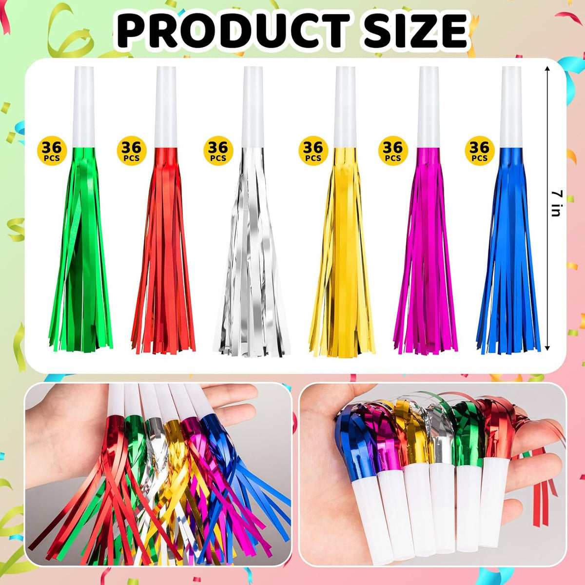 36 Pcs Noise Makers Birthday Blowers Glitter Metallic Fringed Party Blow Horns for Birthday Baby