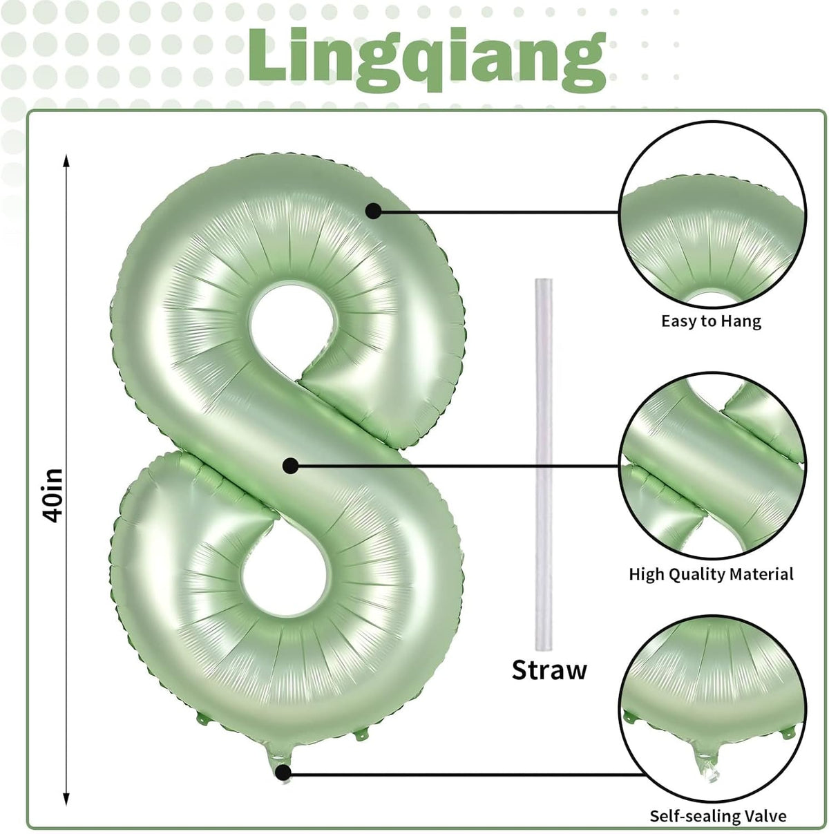 Sage Green Balloon Number 8, 40 Inch Large Self Inflating Foil Number Balloons 0-9, Olive Green