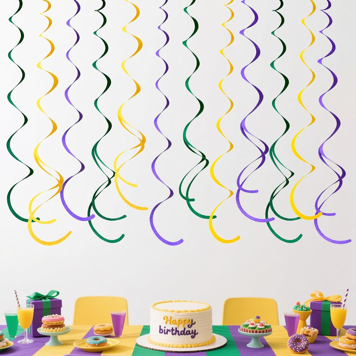 36 Pcs Green Yellow Purple Hanging Swirl Decorations Felt Swirl Streamer Spiral Ceiling Garland