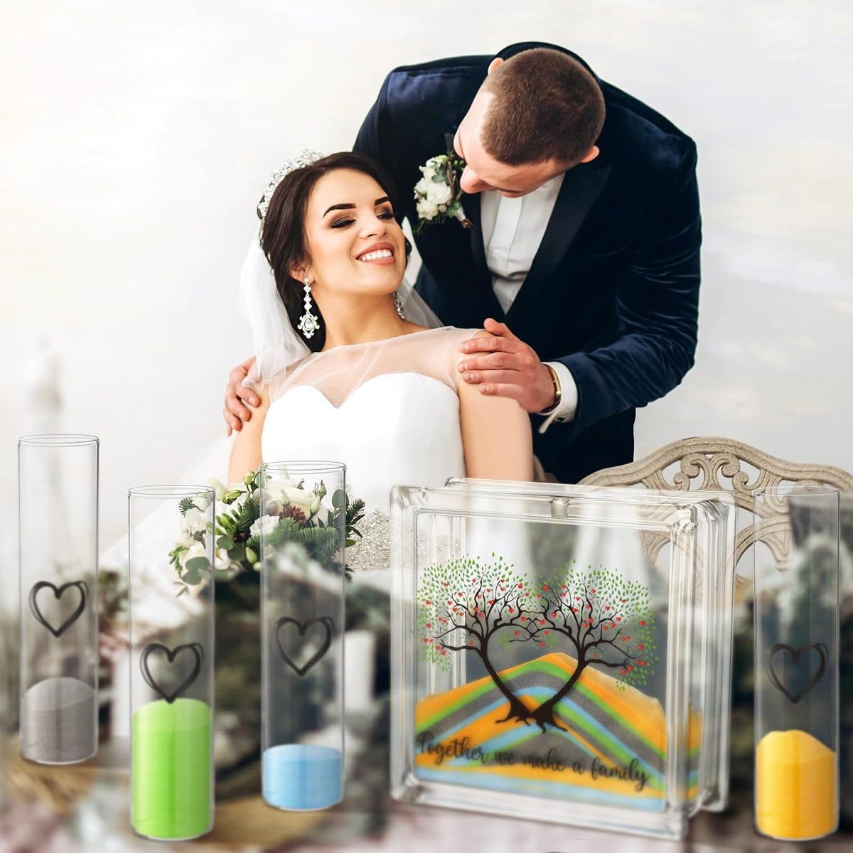 Wedding Unity Sand Set Include Vases Square Glass Jar Container 12 oz Sand for Blended Family