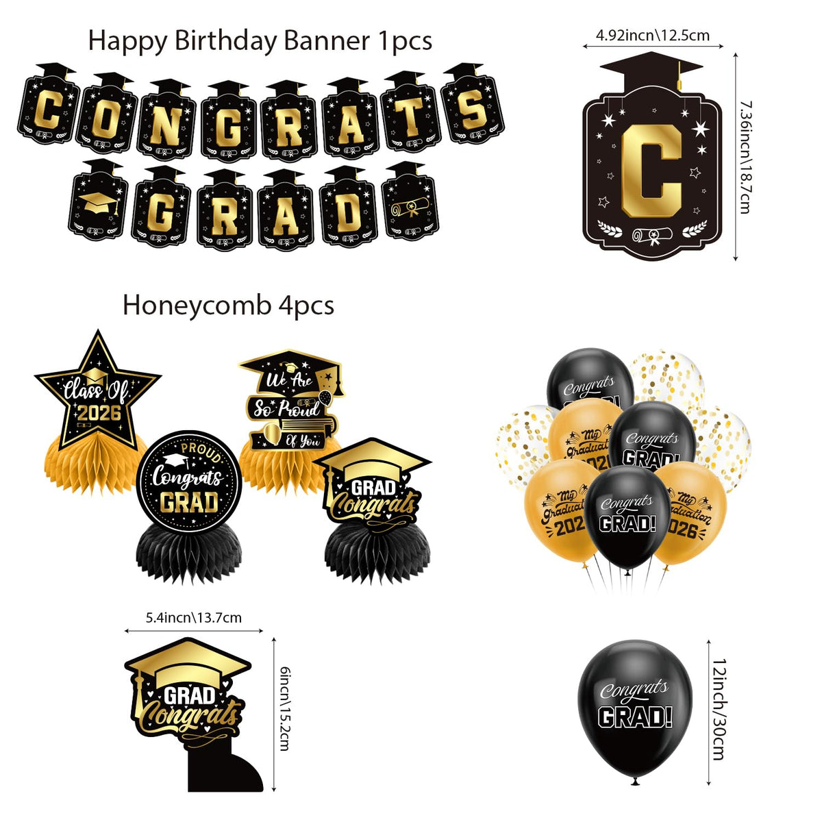 Graduation Decorations 2026 Set Black Gold, Congrats Grad Decor Set with Banner Backdrop Porch