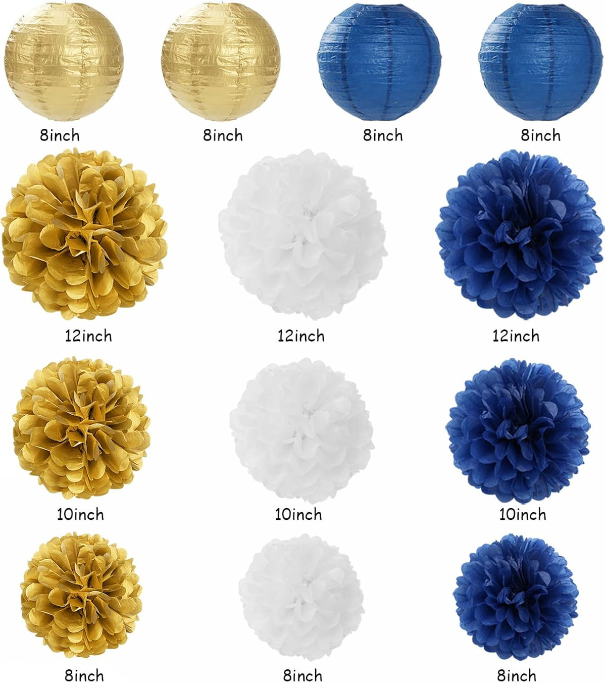 Navy-Blue White Gold Party-Decorations - 20pcs Graduation 2025 Paper Lanterns Fans,Tissue Pom