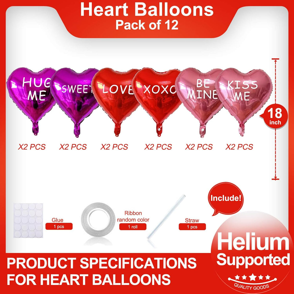 12 Pcs Red Heart Shaped Balloons 18 Inch XOXO | LOVE | SWEET Valentine Balloons for Valentines Day