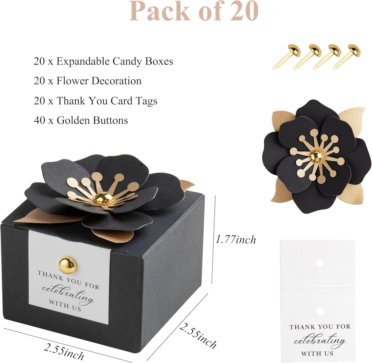FEIYI 20 PCS Candy Boxes, 3 In 1 Black Favor Boxes with Floral Decor, White Thank You Tags Gift