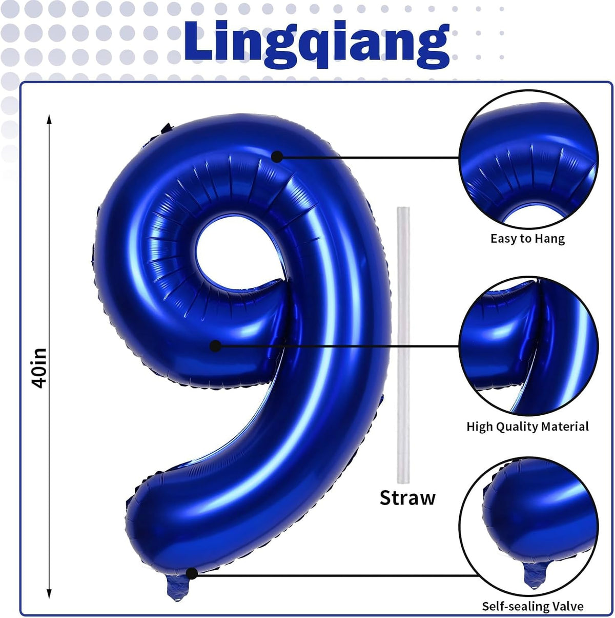 40 Inch Navy Blue Foil Balloon Number 9, Large Self Inflating Dark Blue Number Balloons 0-9 Helium