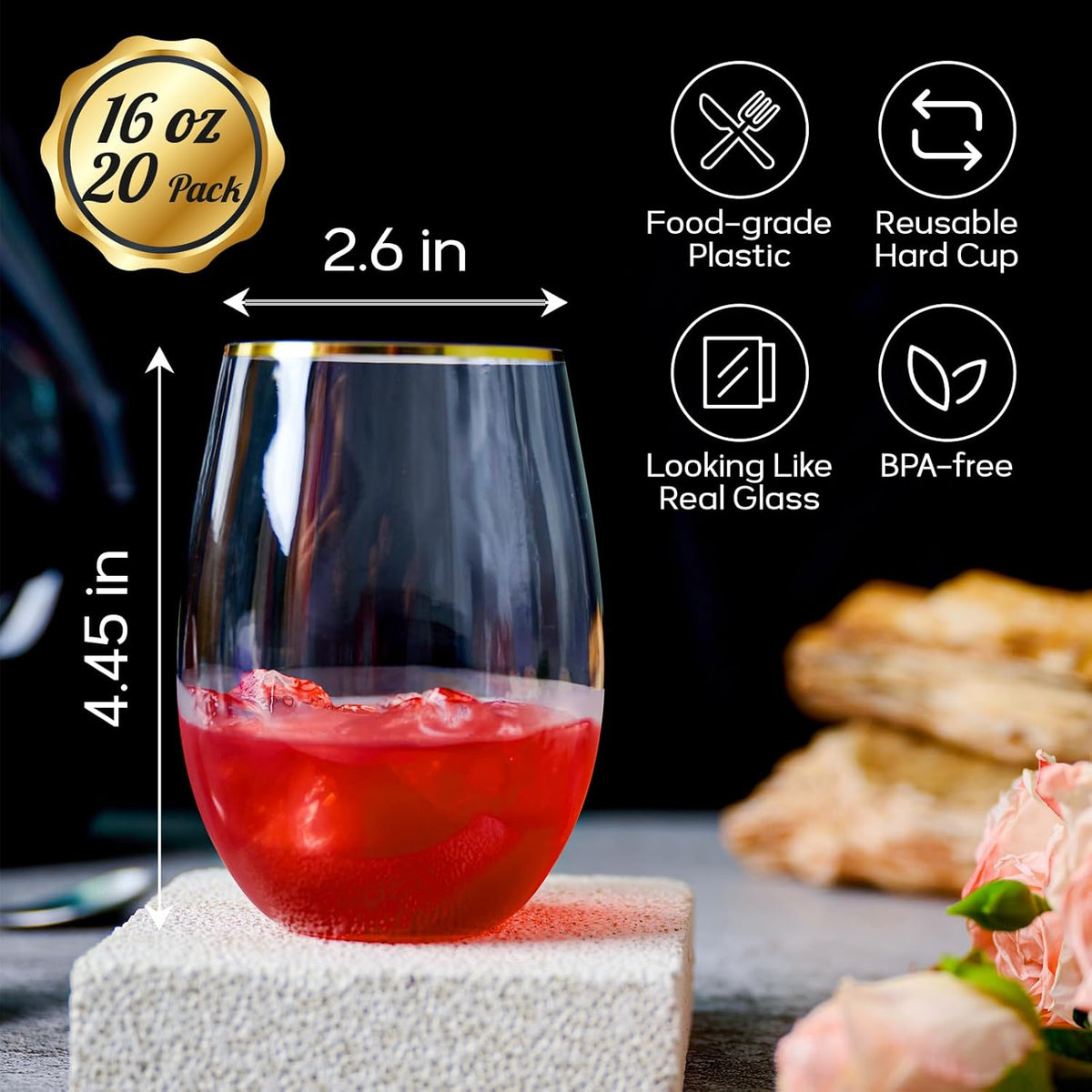 FOCUSLINE 20pcs 16 Oz Plastic Wine Glasses, Stemless Gold Rim, Heavy Duty Disposable Drinking Cups