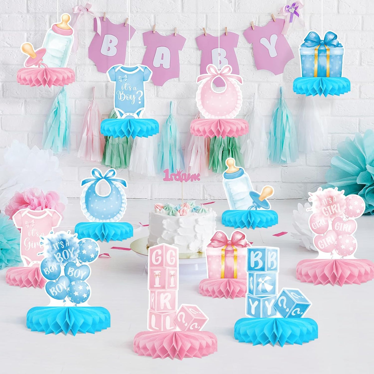 Gender Reveal Decoration Set - Includes Baby Reveal Table Decorations with Honeycomb Centerpiece