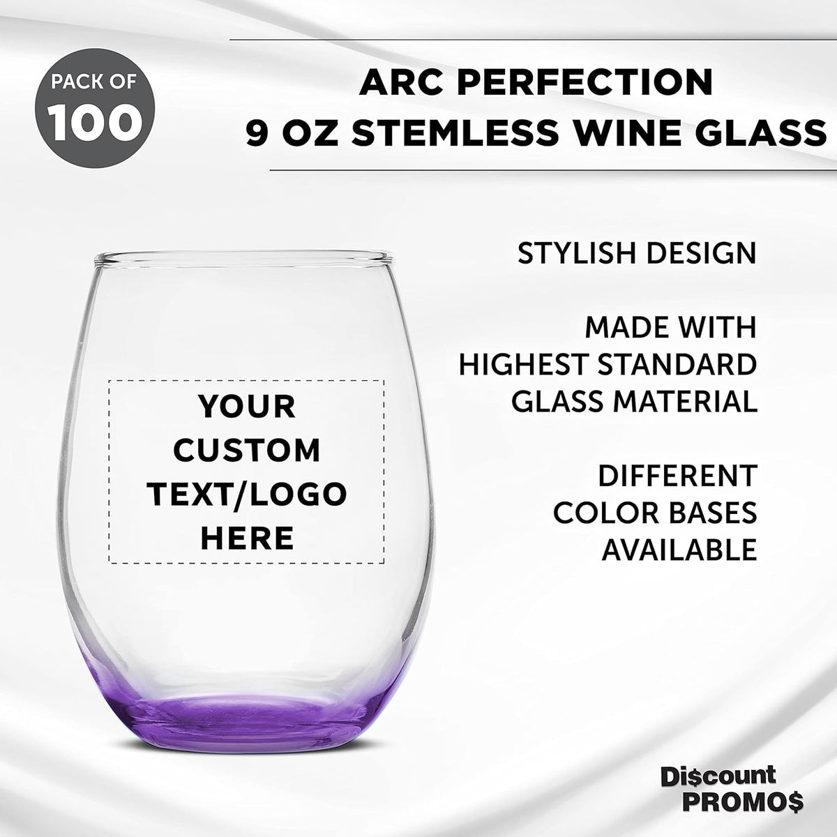 Custom Stemless Wine Glass 9 oz. Set of 100, Personalized Bulk Pack - Great for Wedding Favors