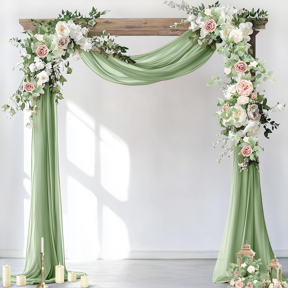 Socomi Wedding Arch Draping Fabric 2 Panels 29" x 19Ft Sage Green Sheer Chiffon Curtain Drapes 6