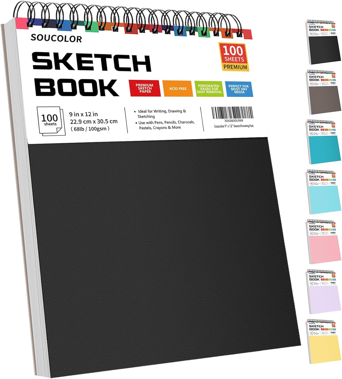 Soucolor 9" x 12" Sketch Book, 1-Pack 100 Sheets Spiral Bound Art Sketchbook, (68lb/100gsm) Acid