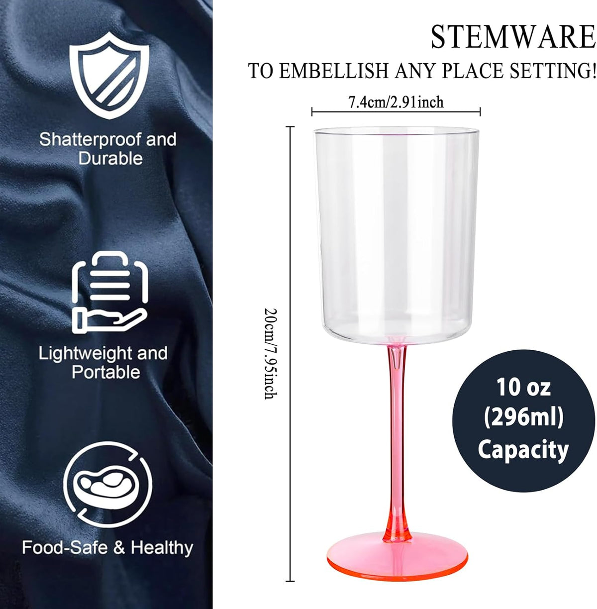 Ciaell 12 Pack 10 Oz Clear Plastic Wine Glasses with Pink Stem - Disposable Cocktail Goblets