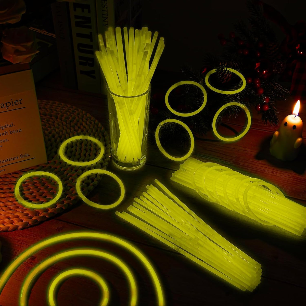 100 Pack 8” Yellow Glow Sticks Bulk with 100 Connectors Neon Glow In The Dark Party favors Supplies
