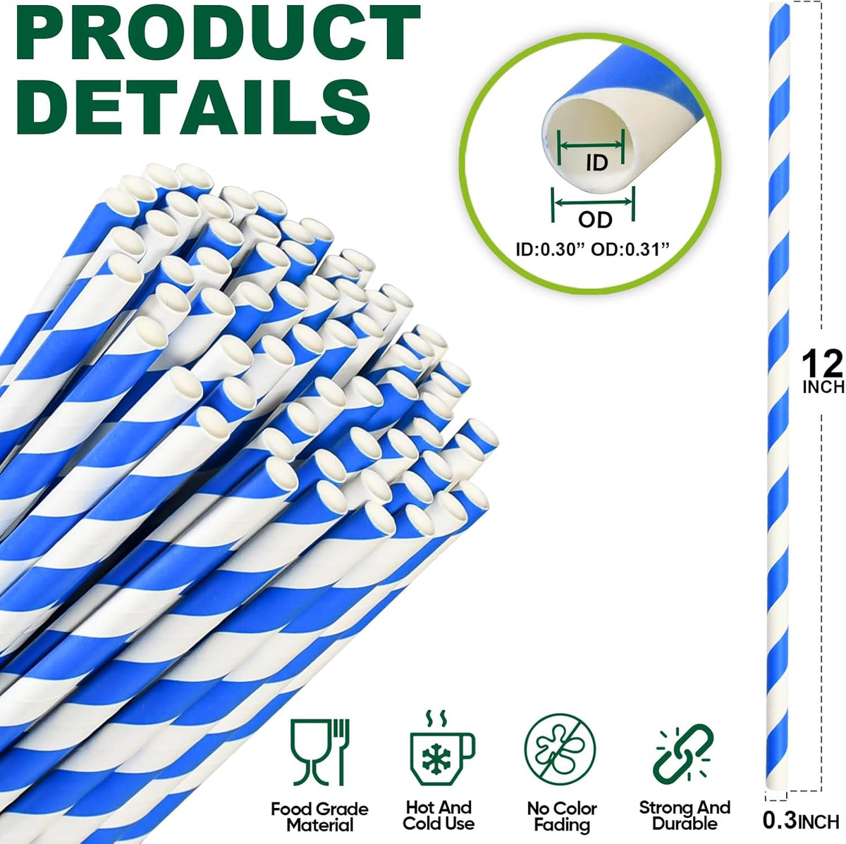 12 Inch Disposable Paper Drinking Straws Large and Tall, 8mm Wide - for Long Drinks, Smoothies
