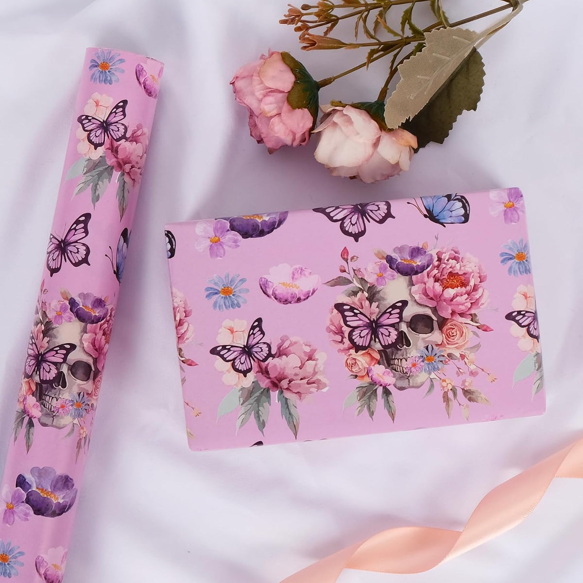 Aimyoo Gothic Wrapping Paper Roll, 17 Inch X 33 Feet Skull Floral Butterfly Design Gift Wrap Paper
